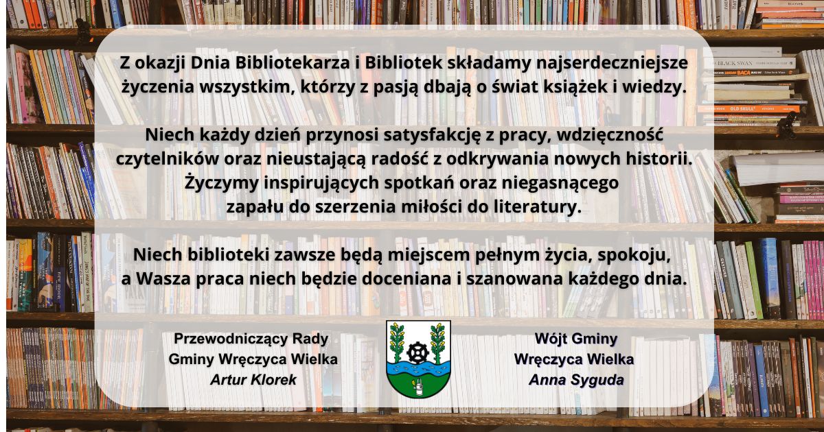 grafika: p&oacute;łki z książkami z życzeniami z okazji dnia bibliotekarza 
