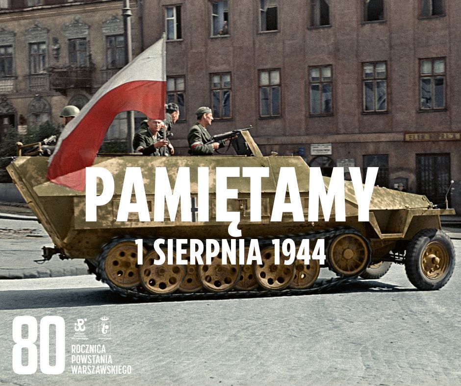 Zdobyczny niemiecki półgąsienicowy transporter opancerzony typu Sd.Kfz. 251 (nazwany przez Powstańców Jasiem, a potem Szarym Wilkiem) na ul. Kopernika. 14 sierpnia 1944 roku