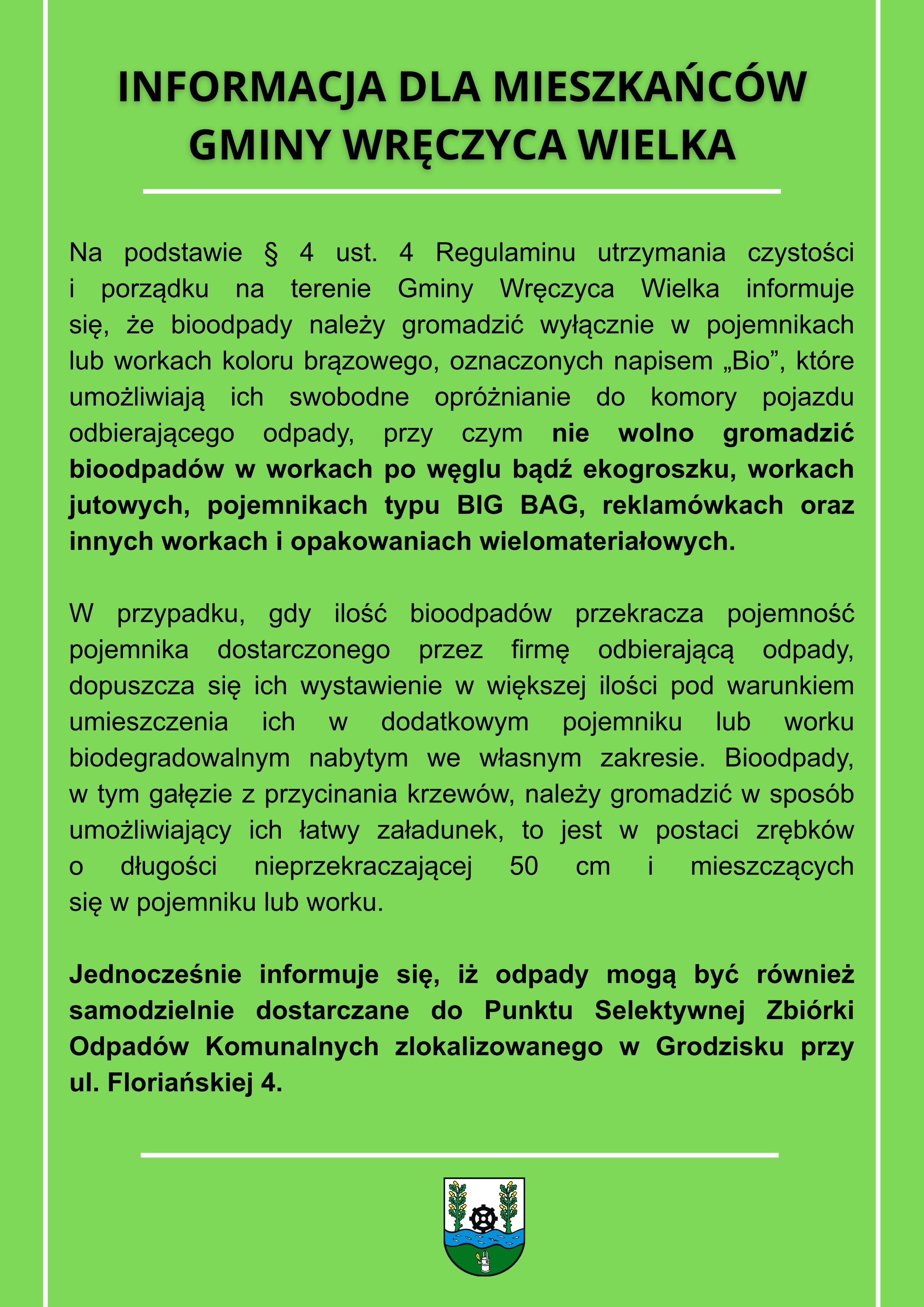 treść komunikatu na zielonym tle z herbem