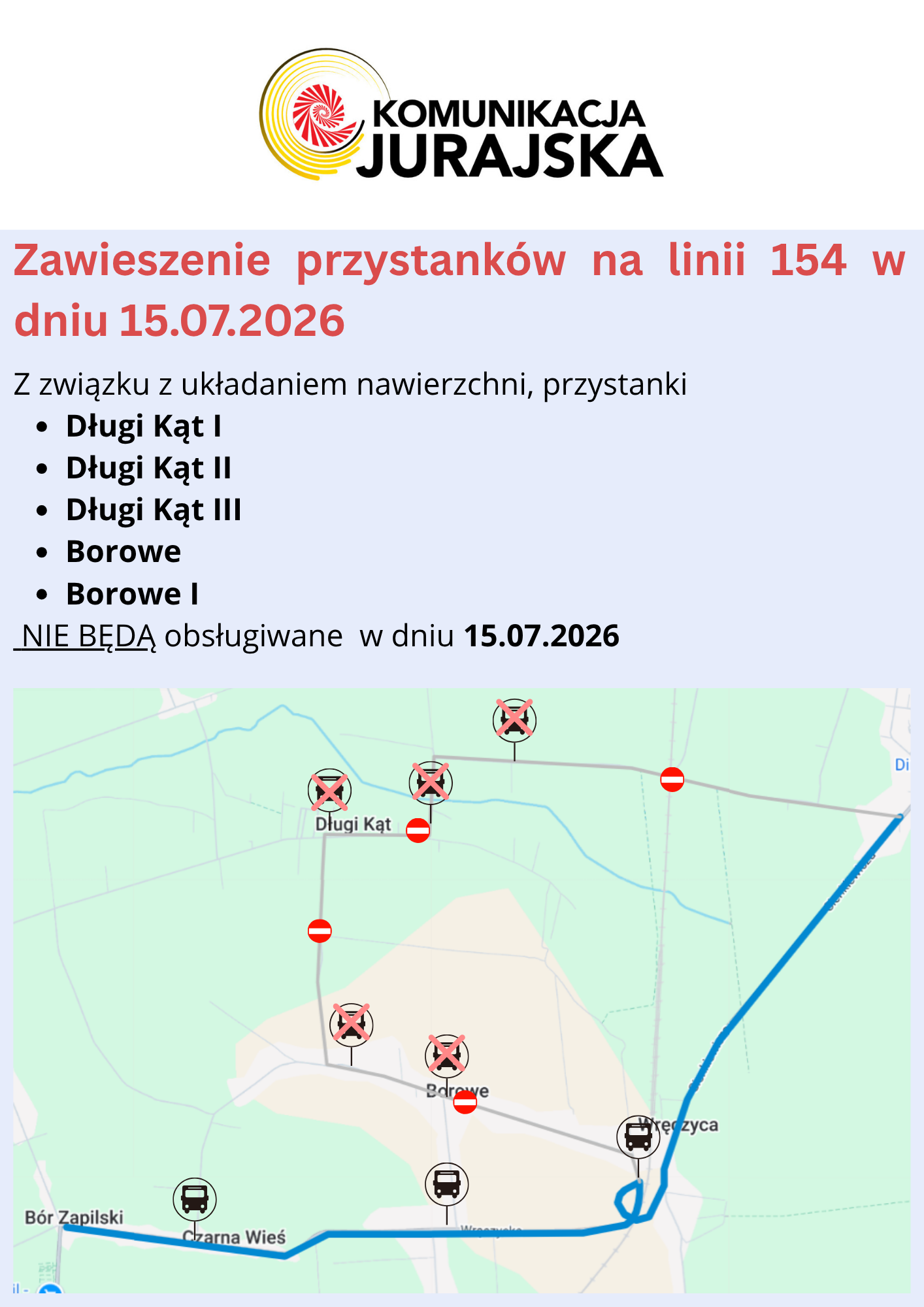 Zawieszenie przystanków na linii 154 w dniu 15.07.2026